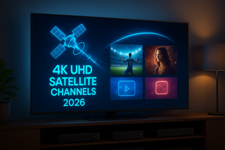 4K UHD satellite channels displayed on a modern television screen in 2026.