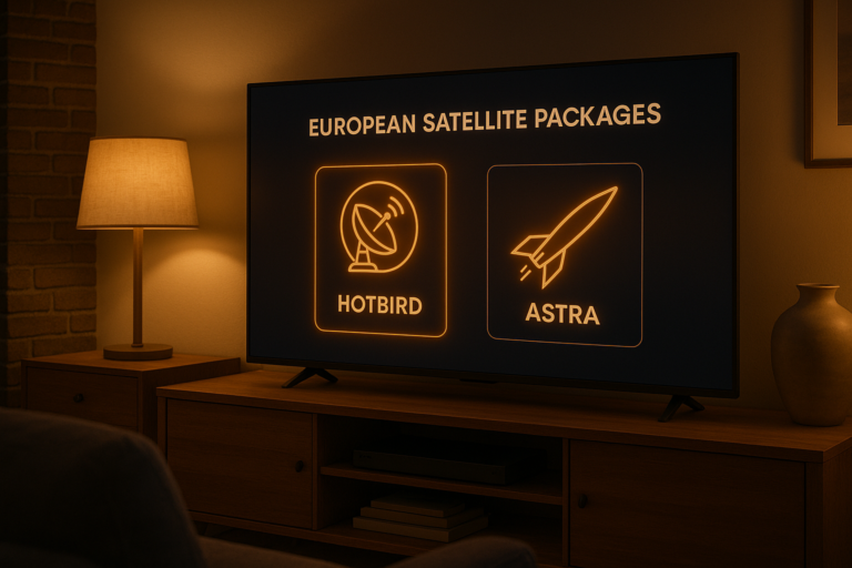 European TV packages from Hotbird and Astra displayed on a modern TV setup