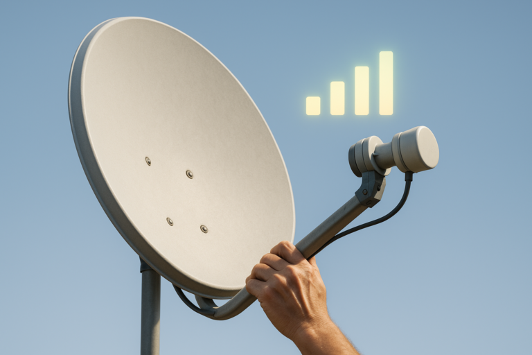 Satellite dish being adjusted to improve weak signal strength