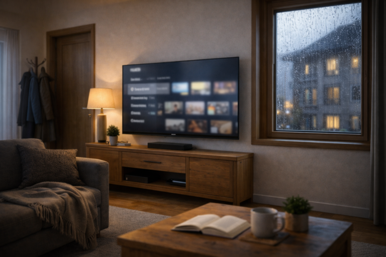 Austrian home in 2026 with smart TV showing live and on demand options during a rainy day
