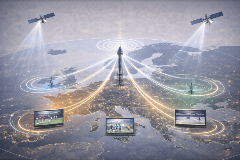 Professional illustration showing European sports channel broadcast distribution