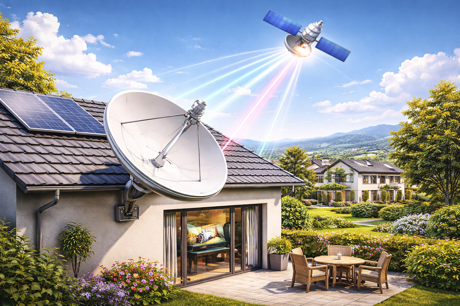 Satellite dish aligned toward Astra 19.2°E by professional TV installers.