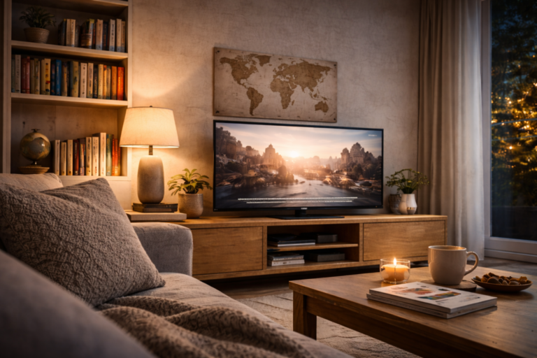 American home scene showing cultural TV channels building long term viewership abroad through familiarity.