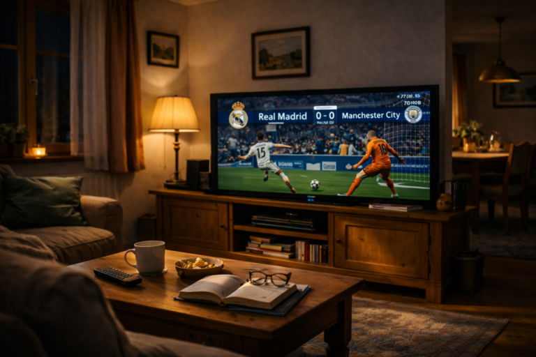 Evening sports match routine in Austrian home 2026