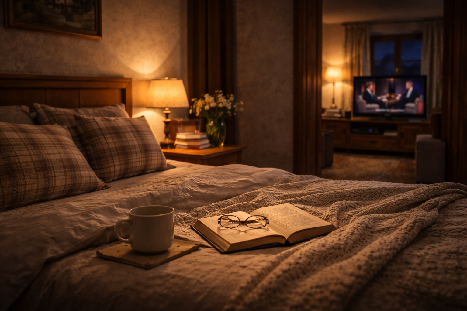 Late night Austrian bedroom with soft English TV background 2026