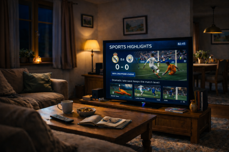 Late night sports TV viewing in Austrian home 2026