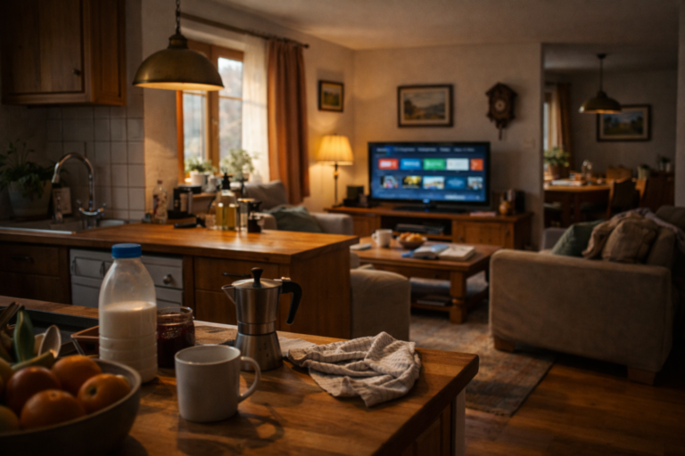 Multitasking with English TV in Austrian home 2026