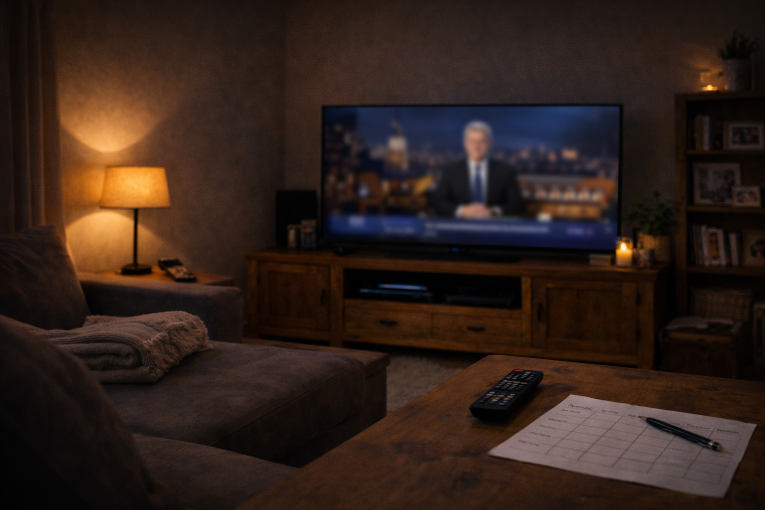Nighttime Czech living room with softly lit TV, showing background viewing habits in 2026.