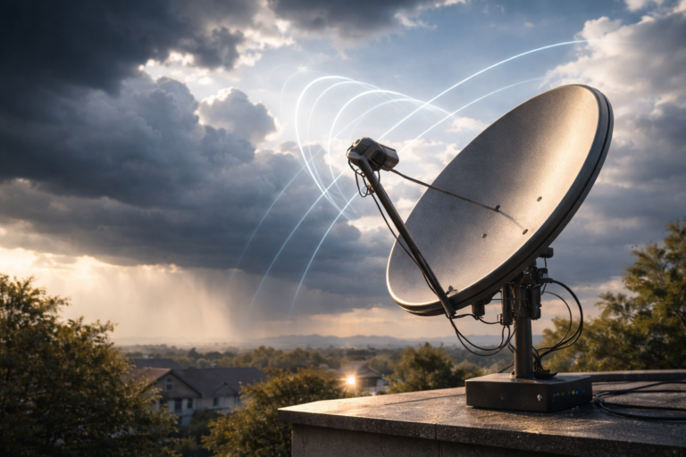 Satellite dish aligned toward Astra 28.2E under changing weather conditions in 2026.