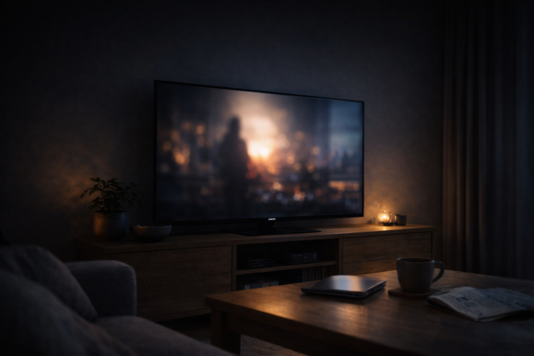 Television glowing at night representing the continued relevance of German TV channels in 2026.