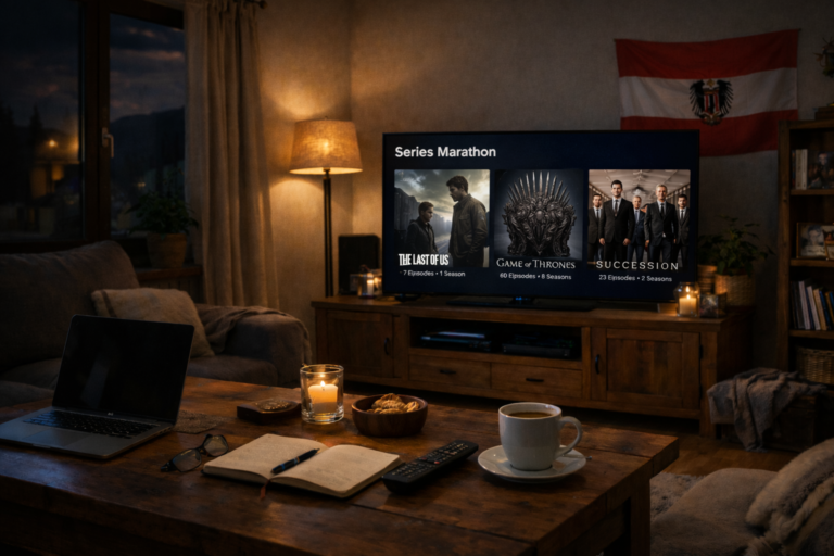 Weekend movie night with entertainment TV in Austrian home 2026