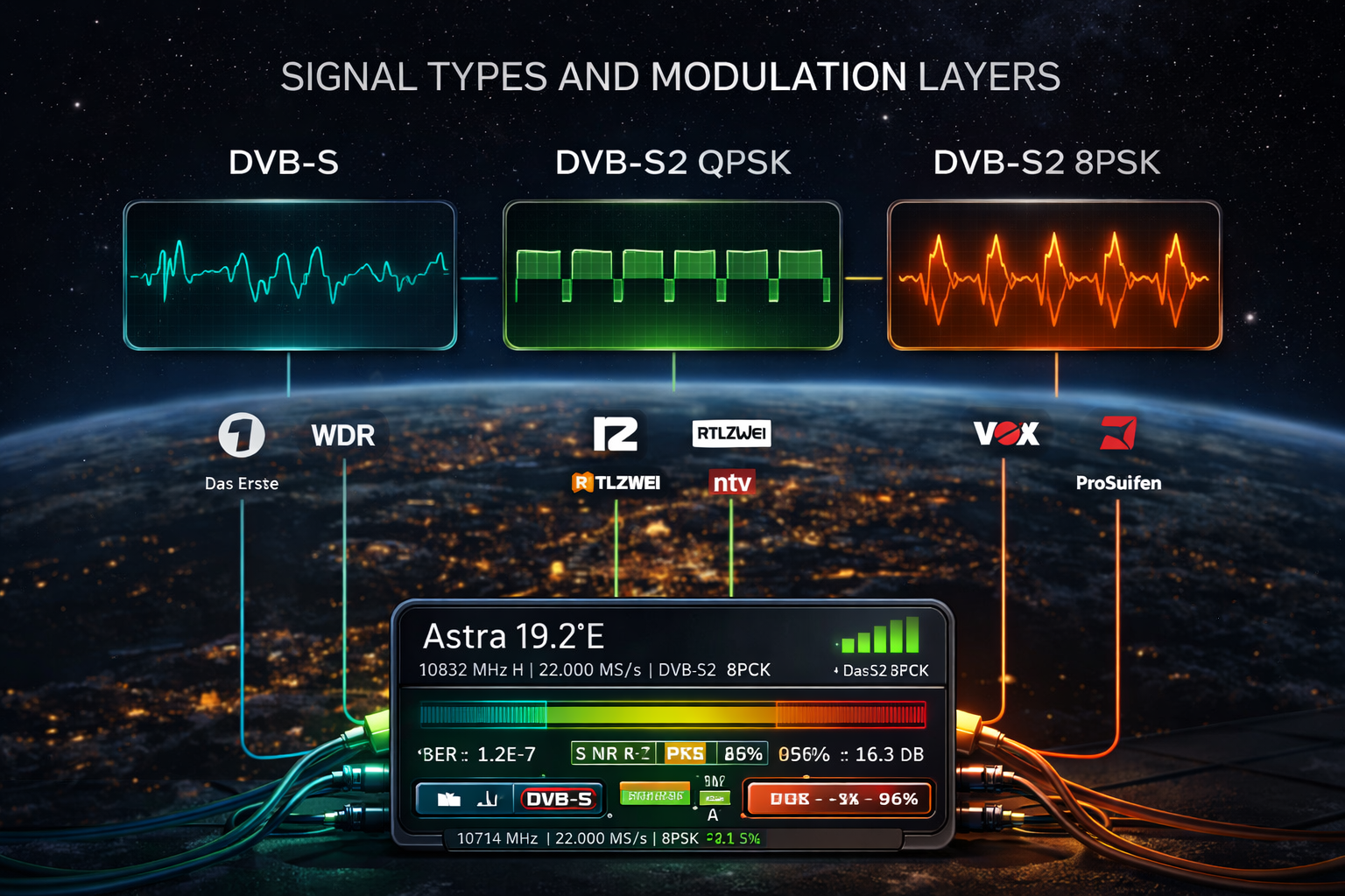 German TV signal differences on Astra 19.2 with modulation visualization