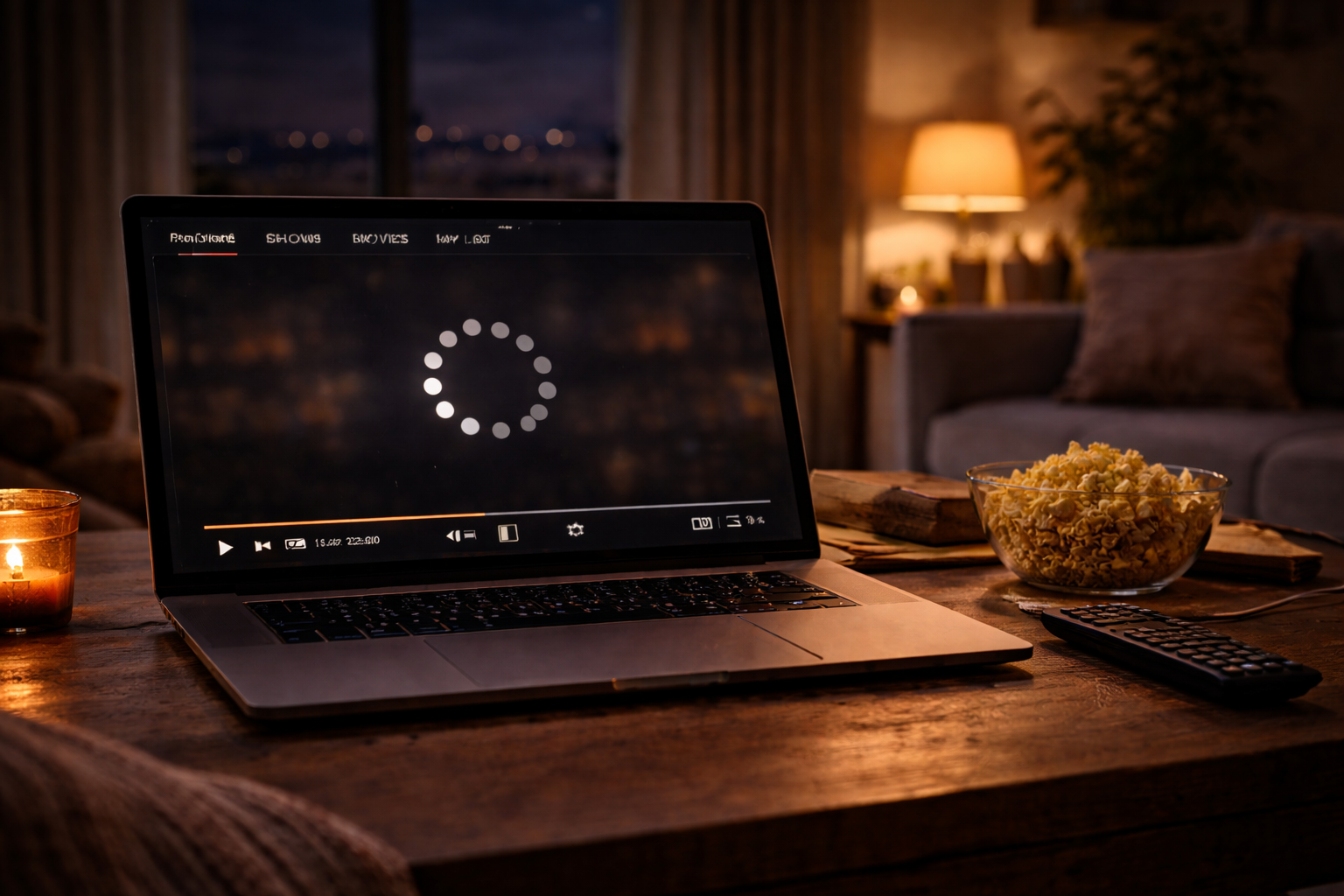 Laptop streaming video showing playback lag and buffering delay