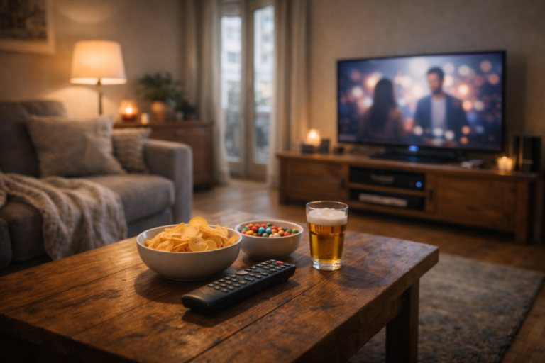 Relaxed Czech home during weekend with TV on showing typical viewing routine in 2026.