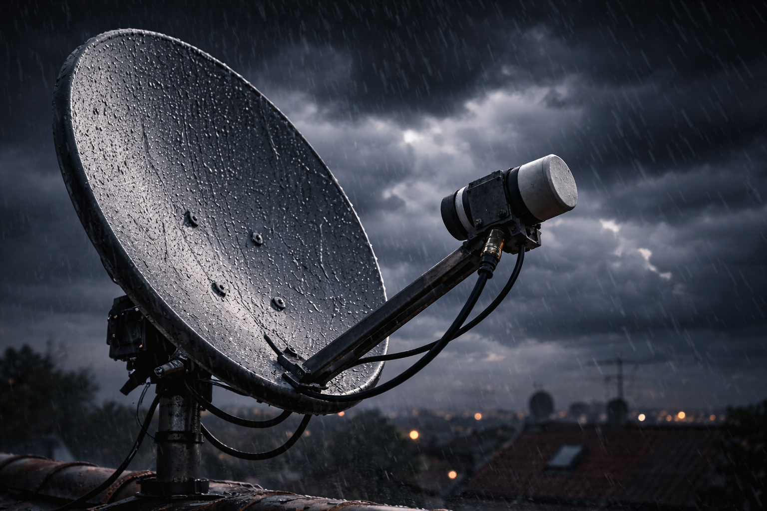 Satellite dish affected by rain during Astra reception.