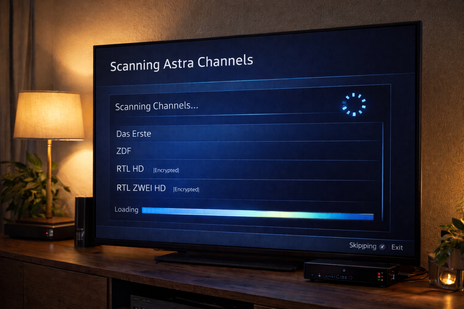 Satellite receiver scanning Astra 19.2 channels.