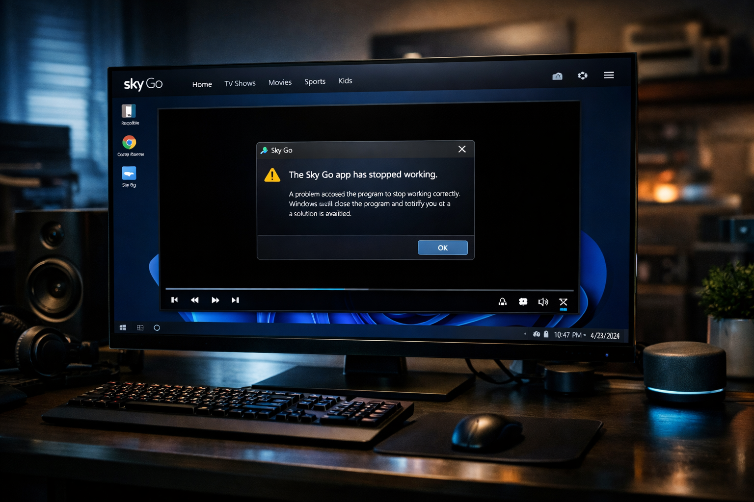 Sky Go application crash error on Windows 11 computer