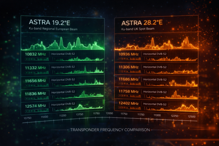 Technical comparison of Astra 19.2E and Astra 28.2E signal structure and transponders