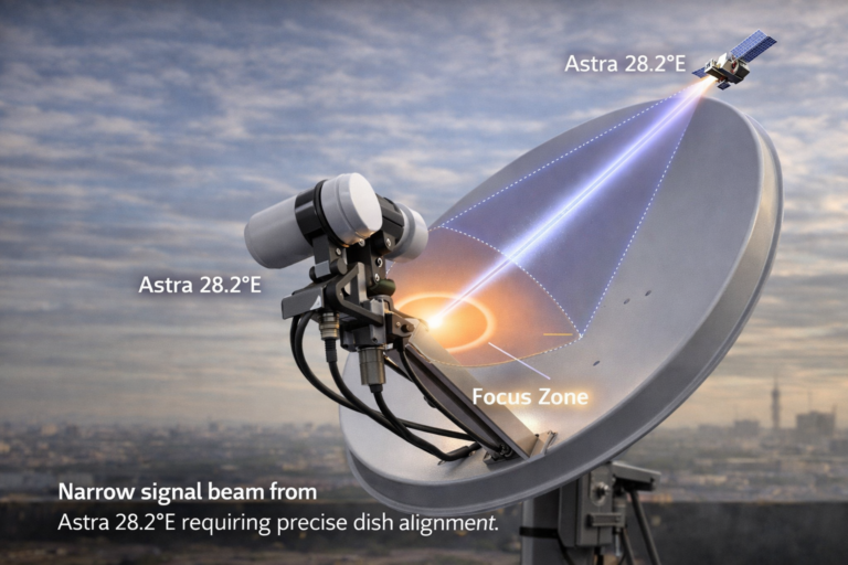 Focused beam of Astra 28.2E requiring precise dish alignment