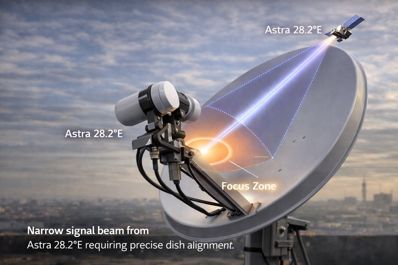 Focused beam of Astra 28.2E requiring precise dish alignment