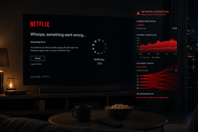 Netflix streaming interruptions caused by heavy peak hour network congestion