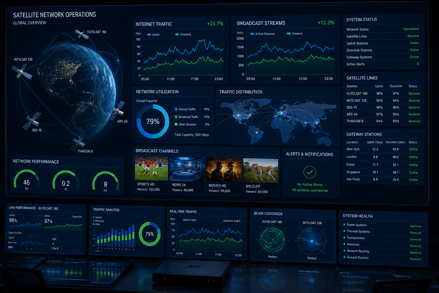 Satellite broadcast traffic visualization during peak internet hours.