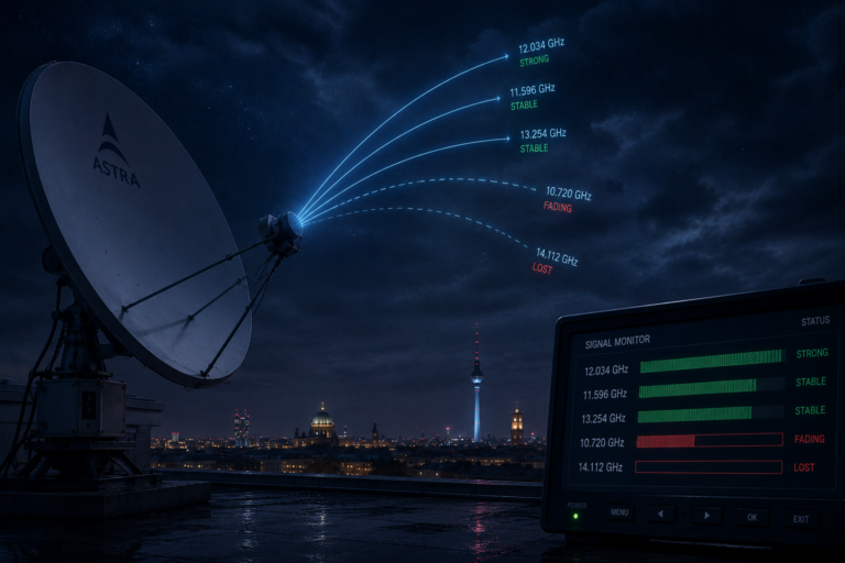 Unstable Eutelsat 16E frequencies shown as fading satellite signal lines.