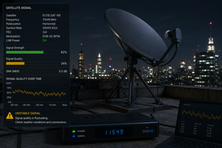 Correctly aligned satellite dish with unstable Eutelsat 16E reception.