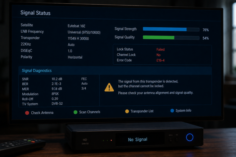 Receiver detecting Eutelsat 16E but unable to lock channels.