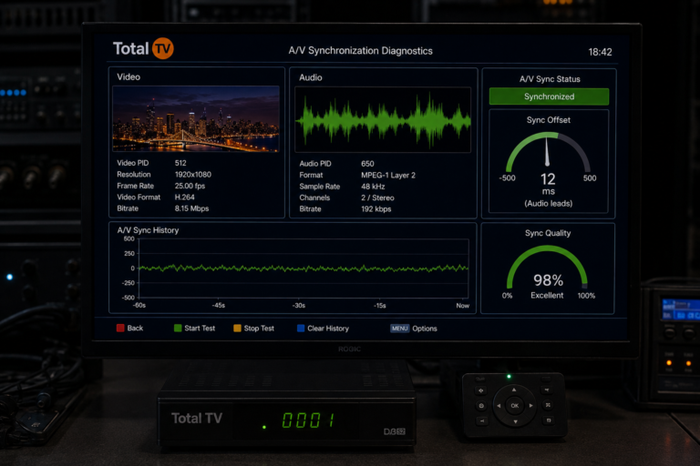 Total TV receiver analyzing audio and video synchronization.