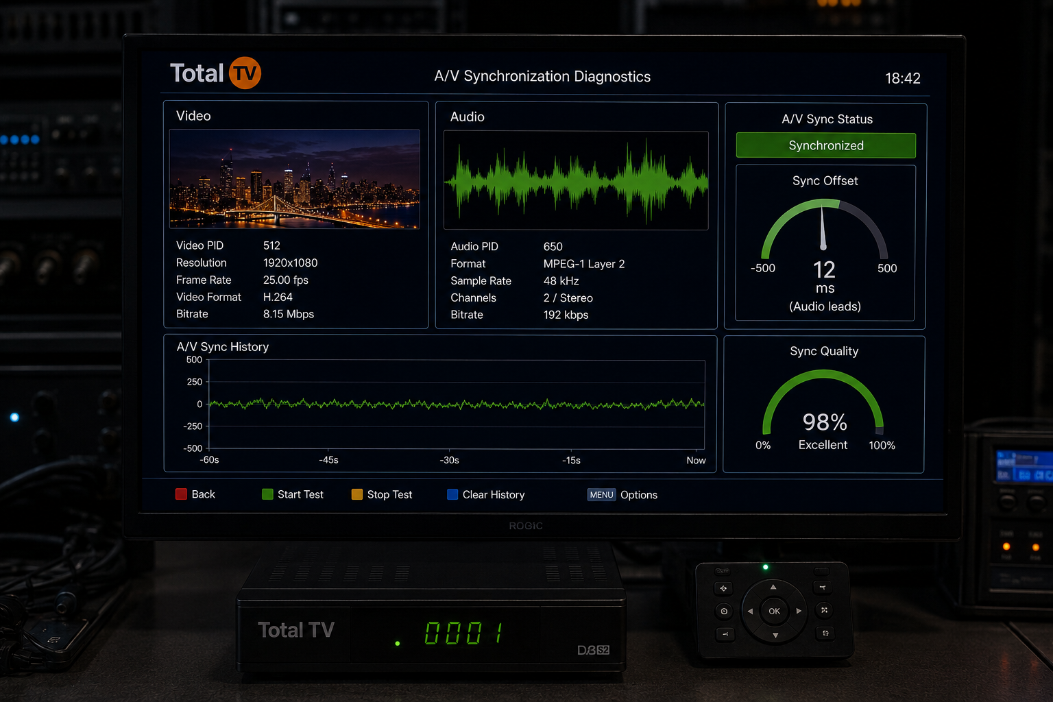 Total TV receiver analyzing audio and video synchronization.