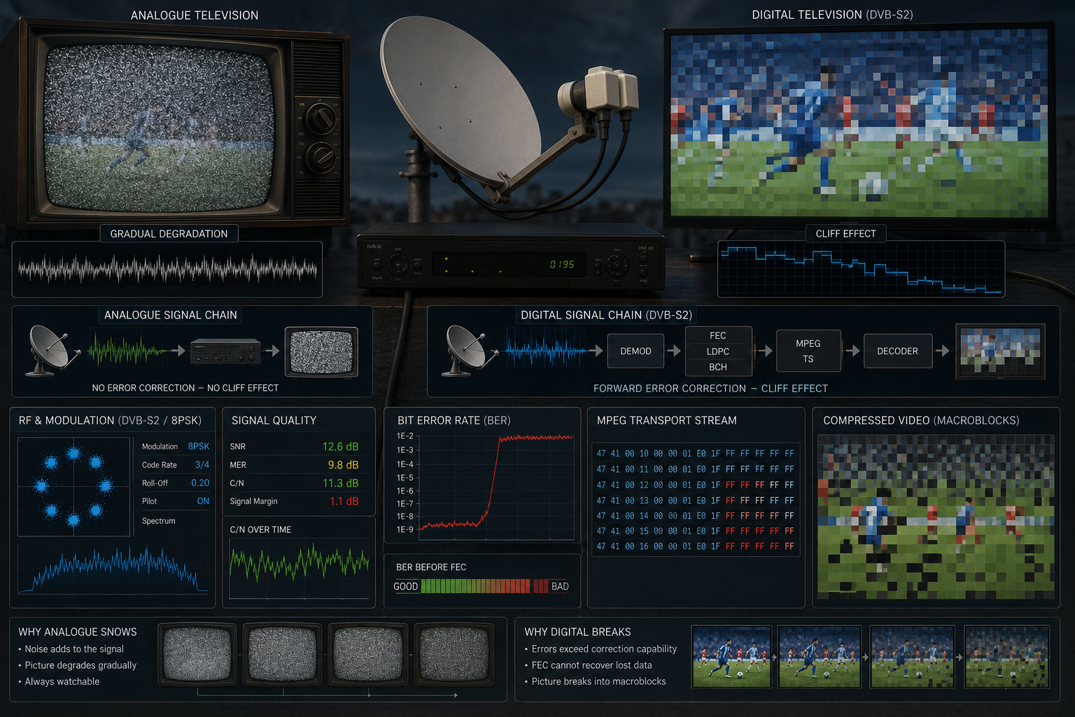 Analogue television snow compared with digital satellite TV pixelation and macroblocking.