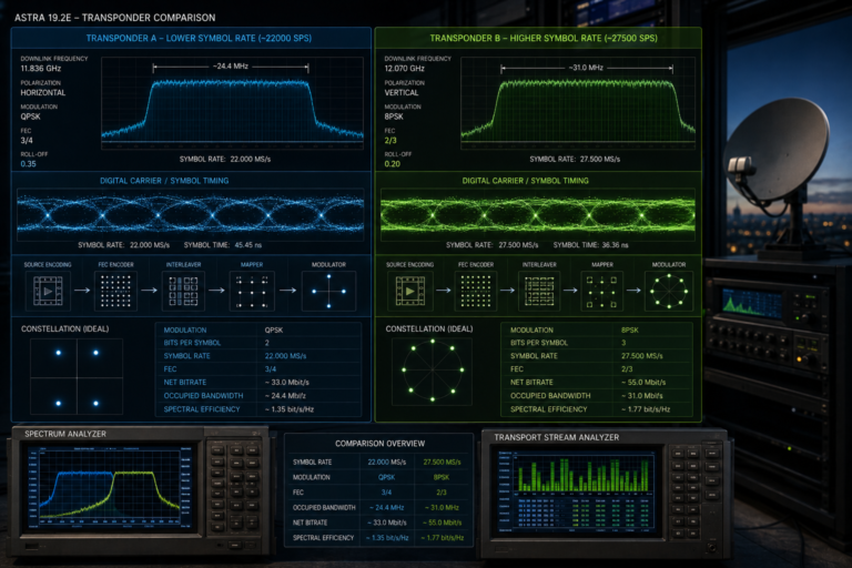 German Astra satellite transponders using different symbol rates and bandwidth configurations.