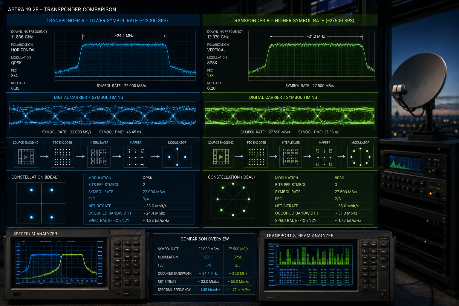 German Astra satellite transponders using different symbol rates and bandwidth configurations.
