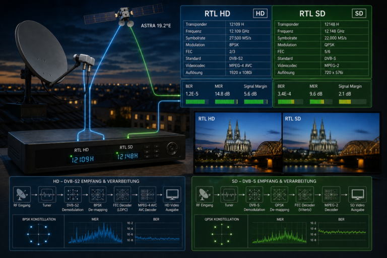 Technical comparison of RTL HD and RTL SD satellite reception on Astra 19.2E.