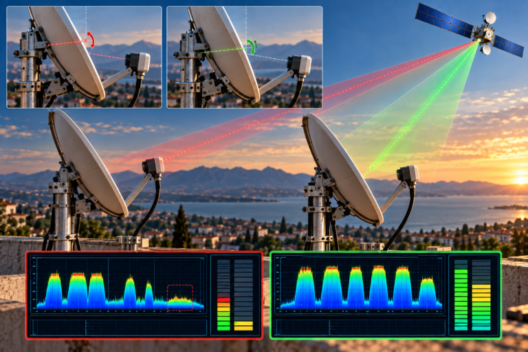 Astra 19.2E satellite dish showing how a small alignment change can affect reception quality.