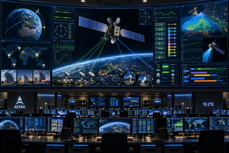 Astra satellite maintenance using remote telemetry, station keeping, payload monitoring, and redundant ground control systems.