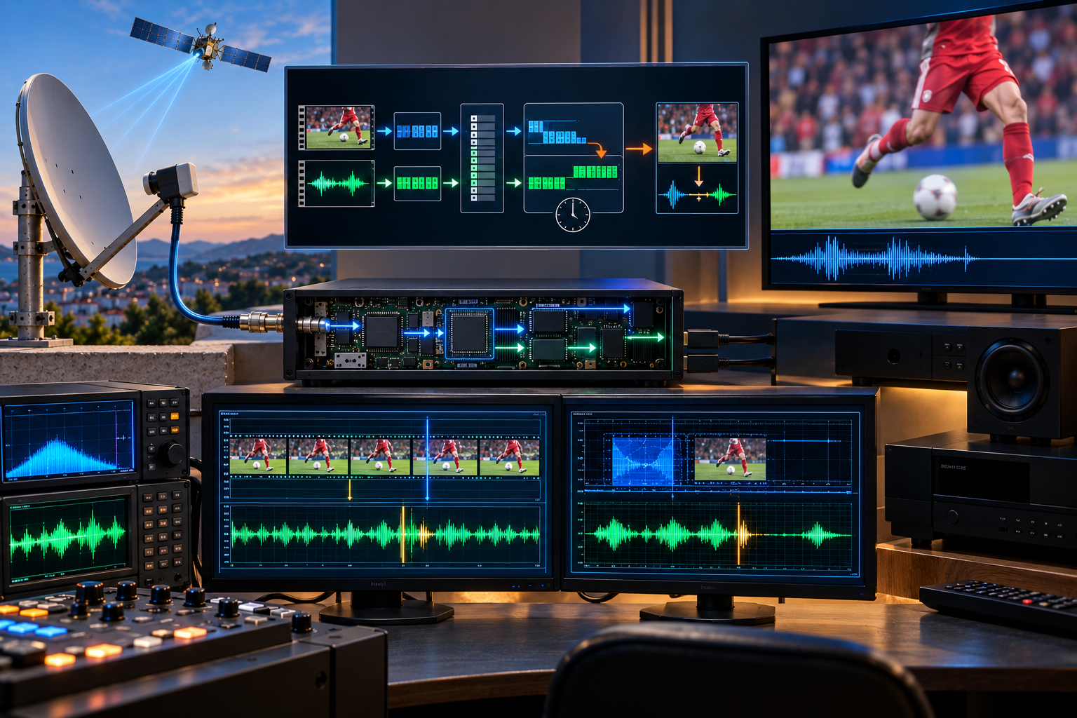 Satellite receiver processing separate audio and video streams where timing differences can create lip-sync delay.