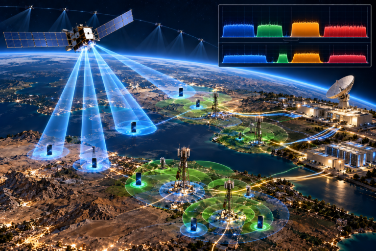 Satellite and terrestrial mobile network coordinating radio spectrum for direct-to-phone connectivity.