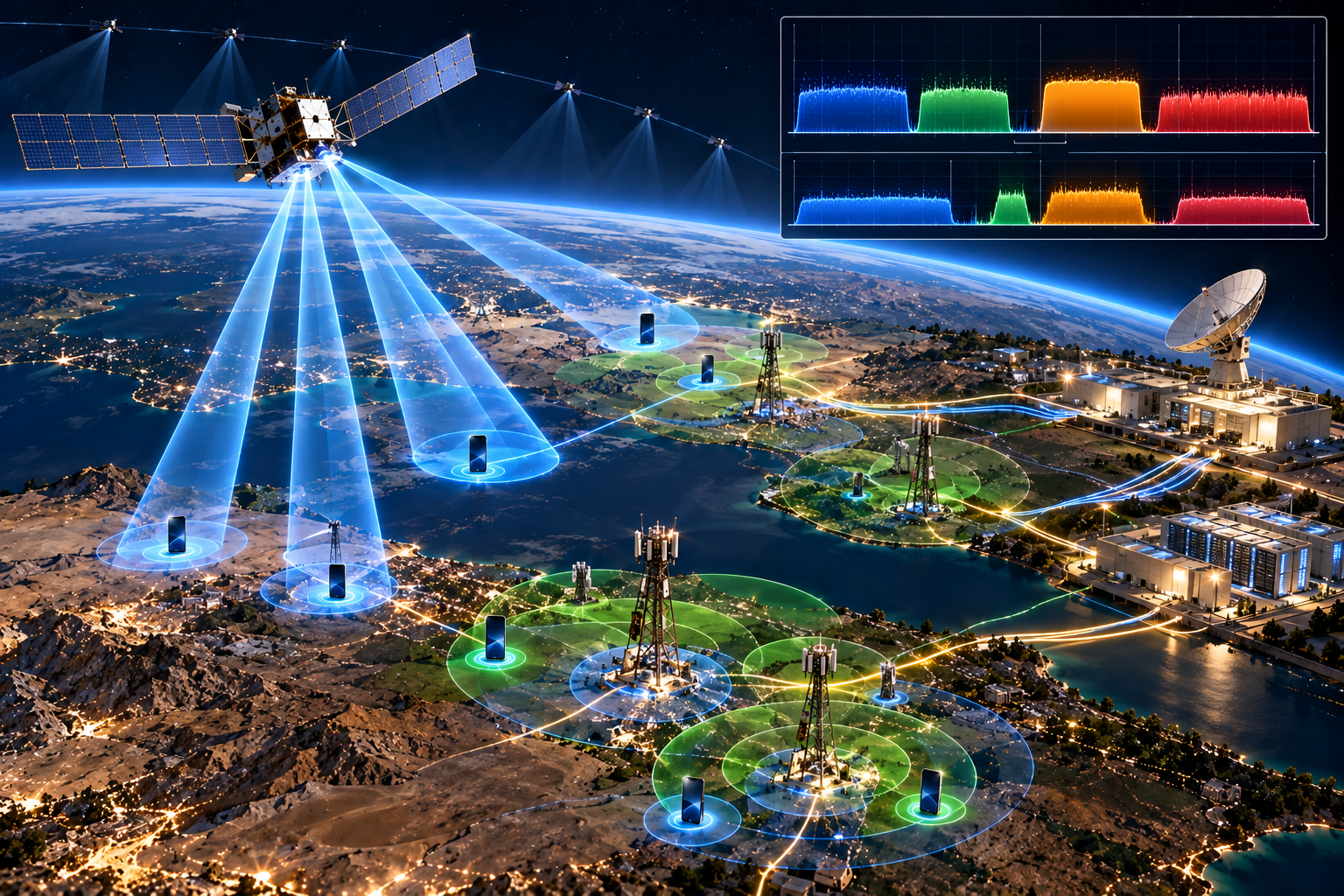 Satellite and terrestrial mobile network coordinating radio spectrum for direct-to-phone connectivity.