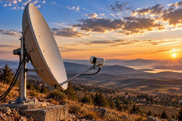 Large satellite dish installed for Astra fringe reception near a satellite footprint edge